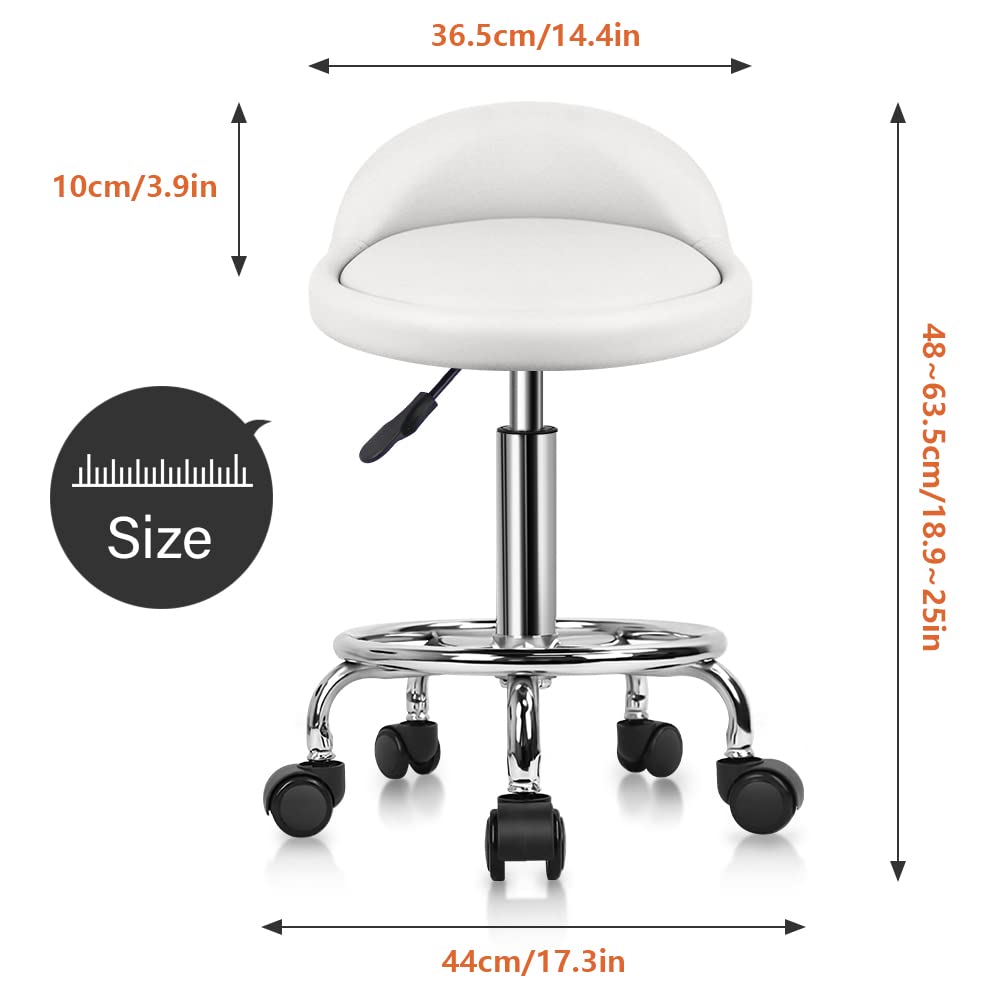 KKTONER Taburete de Cuero Artificial con Respaldo Giratorio Bancos con Ruedas de Altura Ajustable con Ruedas para Pintar Tatuaje Masaje SPA Tienda Taburete de Trabajo con Pedal(Blanco)