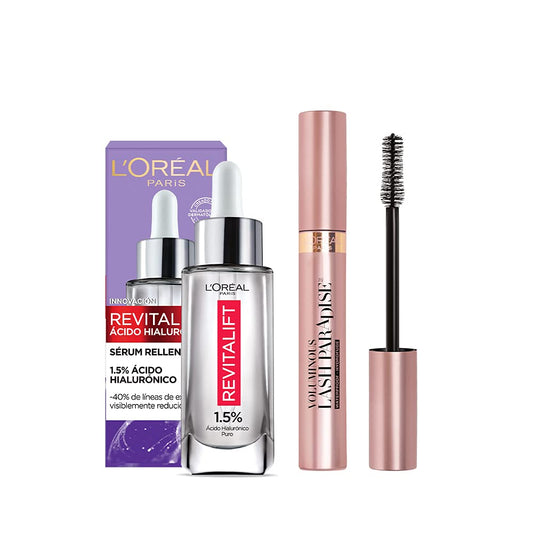 L'Oréal Paris Kit Serum Facial Revitalift Ácido Hialurónico y Mascara de Pestañas a Prueba de Agua Lash Paradise