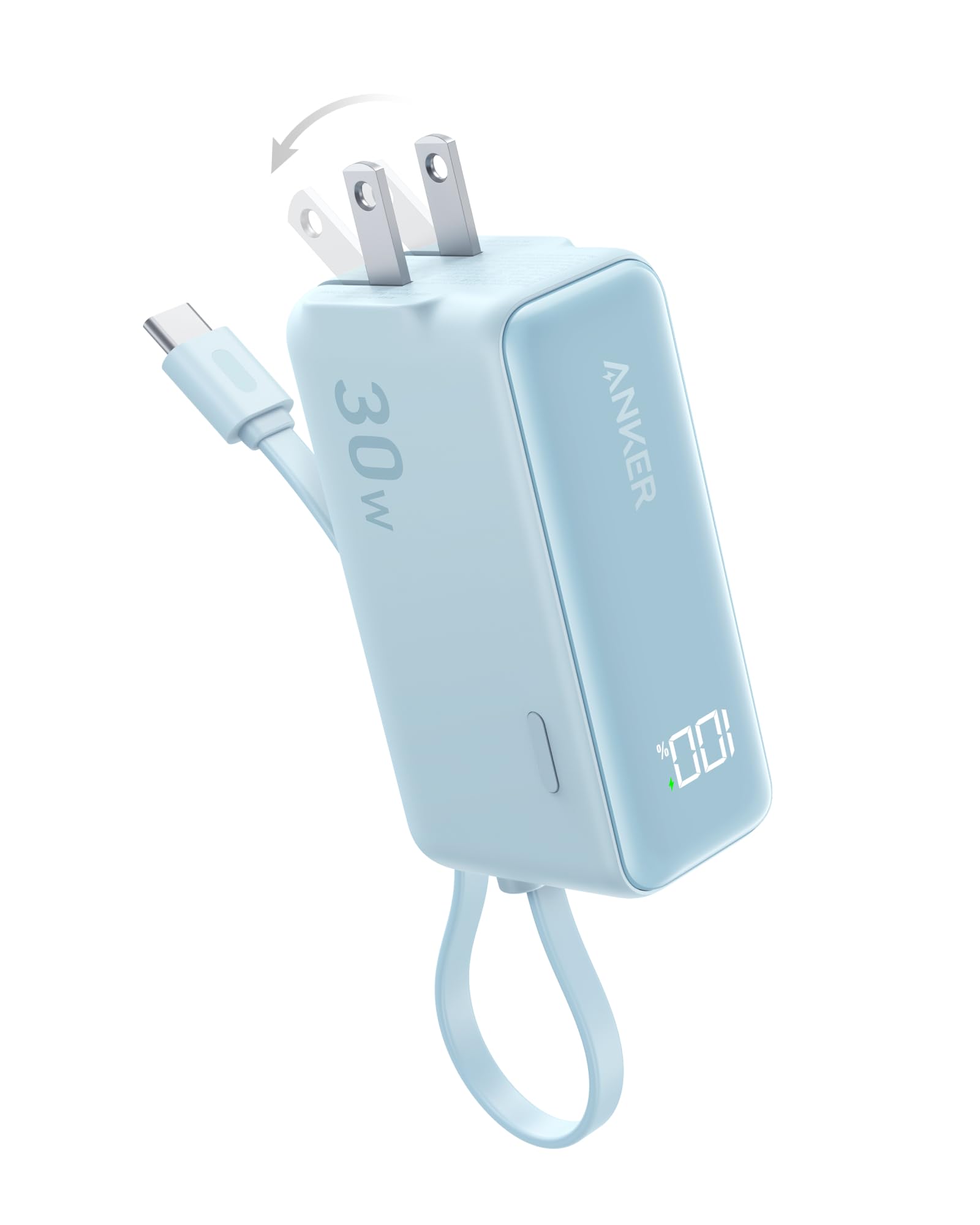 Power Bank Anker USB-C Negro 5,000 mAh con Cable Integrado y Enchufe Plegable 30W para Hombre