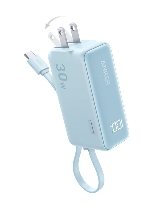 Power Bank Anker USB-C Negro 5,000 mAh con Cable Integrado y Enchufe Plegable 30W para Hombre