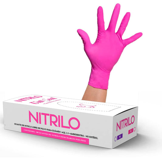 Guantes de Nitrilo Rosa Fuerte, Talla Chica, Caja 100 Unidades, Sin Polvo, Ambidiestros (Mediano)
