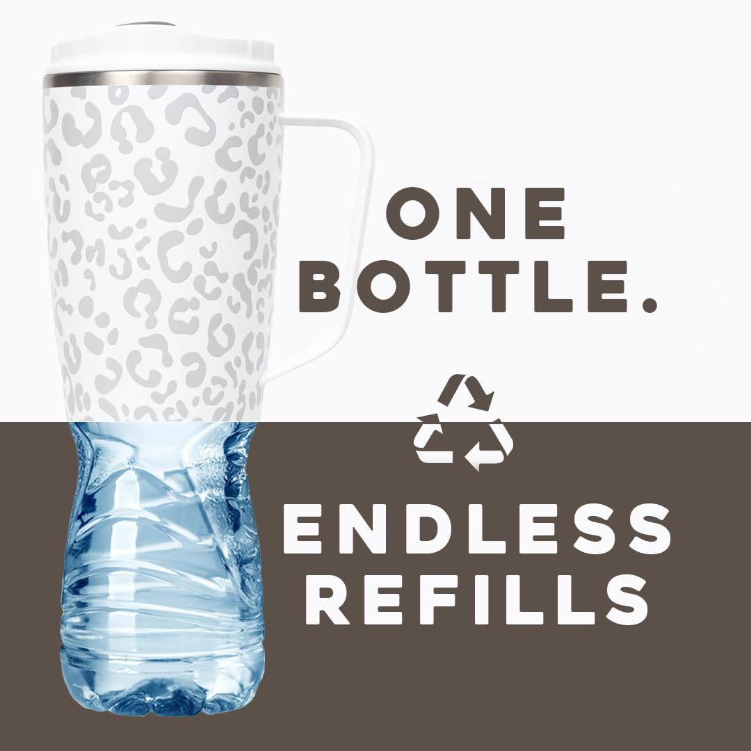 Buffer Flask - Vaso Térmico 1000 ml - Termo para Café y Agua de Acero Inoxidable - Tapa Anti Derrame y Fugas - Taza Tumbler Mug para Bebidas Frías y Calientes - Incluye Popote - Color Leopardo Blanco