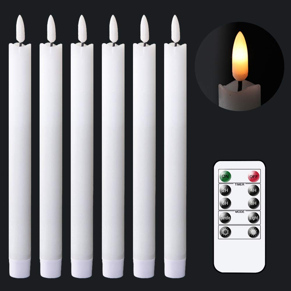 GenSwin - Velas cónicas blancas sin llama parpadeantes con control remoto de 10 teclas, funciona con pilas LED cálidas 3D, velas de ventana de cera real, paquete de 6 unidades, decoración de Navidad