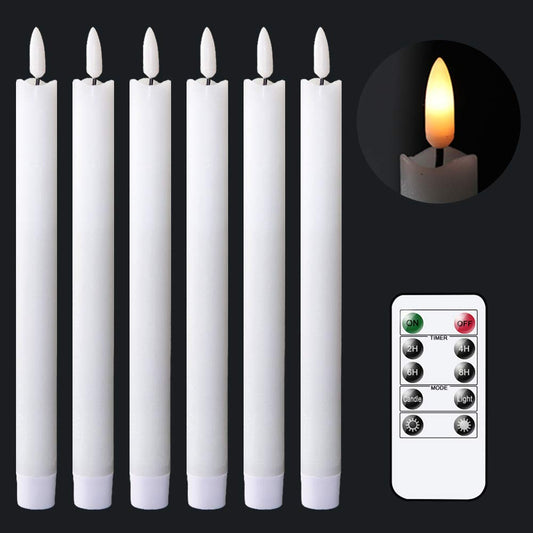 GenSwin - Velas cónicas blancas sin llama parpadeantes con control remoto de 10 teclas, funciona con pilas LED cálidas 3D, velas de ventana de cera real, paquete de 6 unidades, decoración de Navidad