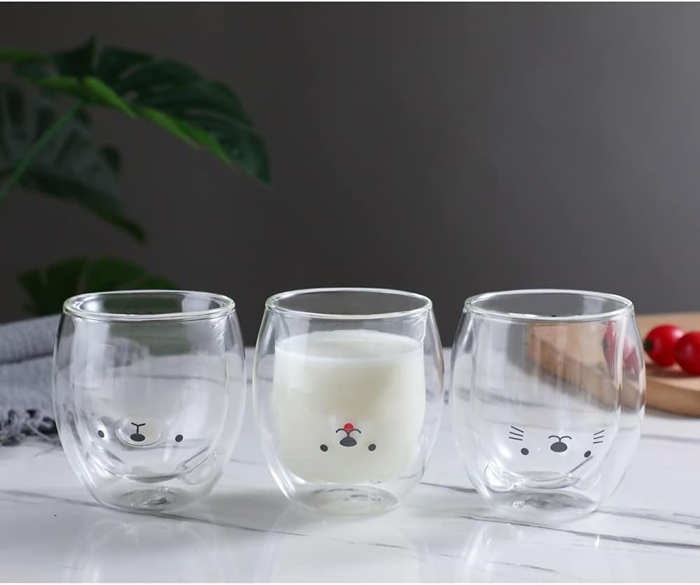 Binoster - Taza con aislamiento de doble pared de vidrio, taza de café, taza de té, taza de leche, regalo para oficina, cumpleaños, uso personal, de Navidad (perro feliz)
