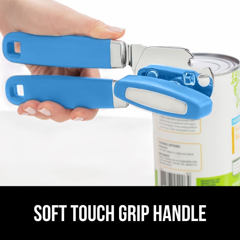 Gorilla Grip Abrelatas manual de mano de acero inoxidable resistente con borde liso con mango suave al tacto, a prueba de óxido, perilla de mano fácil giro, el mejor abridor de tapa grande para cocina, aguamarina