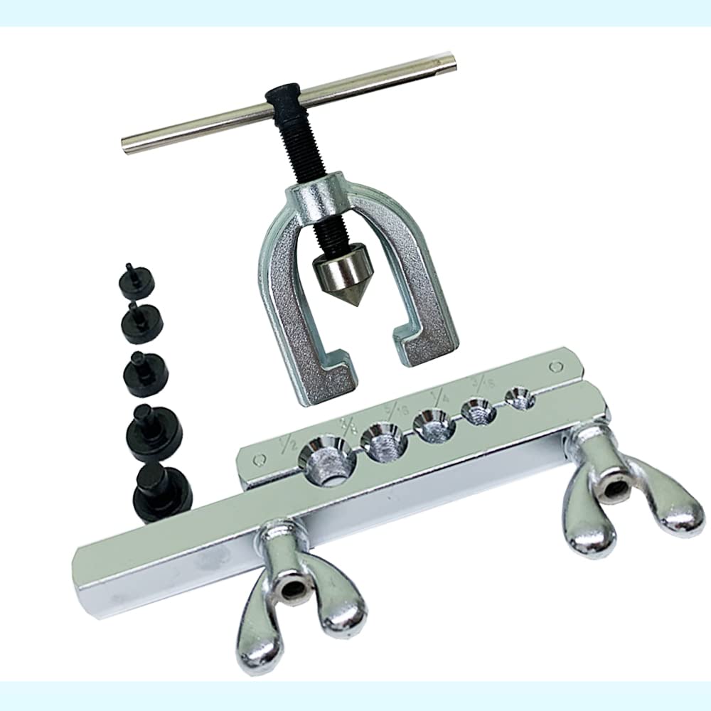 nuwfrog Kit de herramientas de doble flaring para automóvil con 5 troqueles extra (3/16, 1/4, 5/16, 3/8 y 1/2 pulgadas) de adaptadores para tubo de freno de latón y línea de aluminio de cobre. Herramienta de llamarada de 45 grados.
