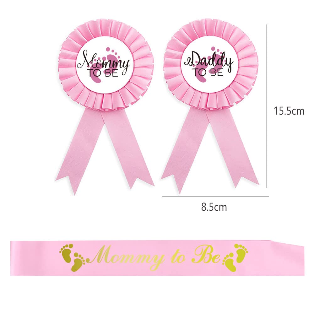 CoolerthingsDG, 3 unidades, insignia de papi to be & Mommy to be Hojalata rosa y una faja rosa para mamá a ser, con letras doradas, botón de baby shower, regalos para papá, regalo de género, para