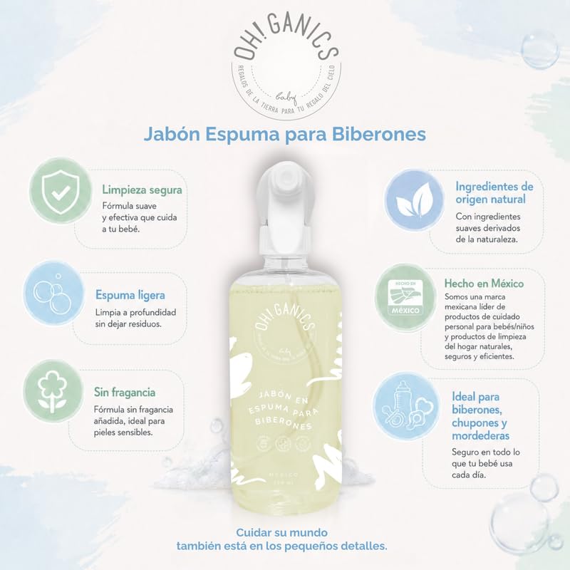 OH! GANICS Jabón Espuma para Biberones 500 ml, Ligera y Sin Fragancia