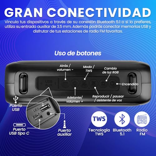 Bocina Bluetooth Vorago BSP-260 Negra con Luces RGB y Asa Portátil
