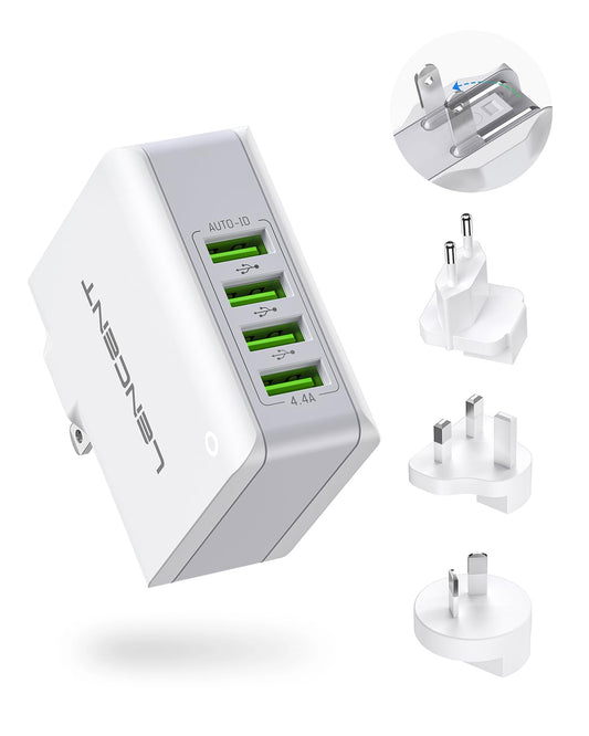 LENCENT Cargador USB, Ladron Enchufes con 4 Puertos USB, 4.4A 5V Adaptador para Viaje, Adaptador de Enchufe Universal UK/USA/EU/AUS para Phone, Celulares, Tabletas y Más