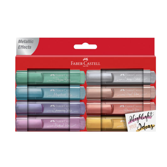Faber-Castell Marcadores Metálicos con 8 Marcadores de Distintos Colores, estos marcadores son ideales para resaltar y decorar tanto en superficies claras como oscuras