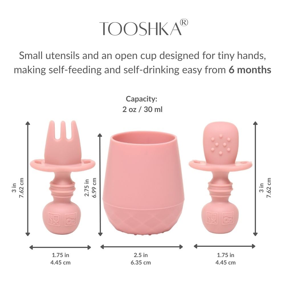 Tooshka - Juego de utensilios para bebés y tazas pequeñas, fácil alimentación para niños pequeños de 6 meses de edad, cubiertos de silicona sin BPA, esencial para destete LED para bebés (rosa sucia)