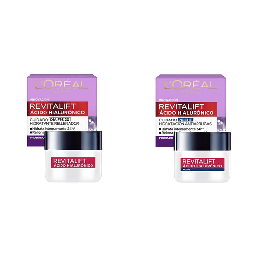 Crema hidratante anti-líneas de expresion Revitalift Ácido Hialurónico Día de L'Oréal Paris, 50 ml + Crema hidratante anti-líneas de expresion Revitalift Ácido Hialurónico Noche de, 50 ml