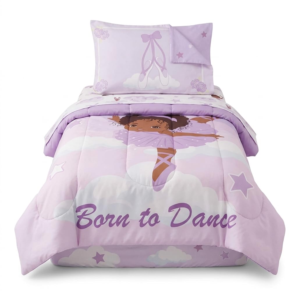 EVERYDAY KIDS - Juego de ropa de cama de 4 piezas para niños, bailarina afroamericana, incluye edredón, sábana encimera, sábana bajera ajustable y funda de almohada reversible, ropa de cama para niñas