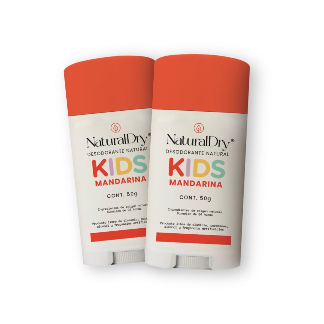 NaturalDry Kids - Desodorante infantil unisex Natural para niños - Sin aluminio - Sin parabenos - Aroma Mandarina - En barra (2 Unidades)