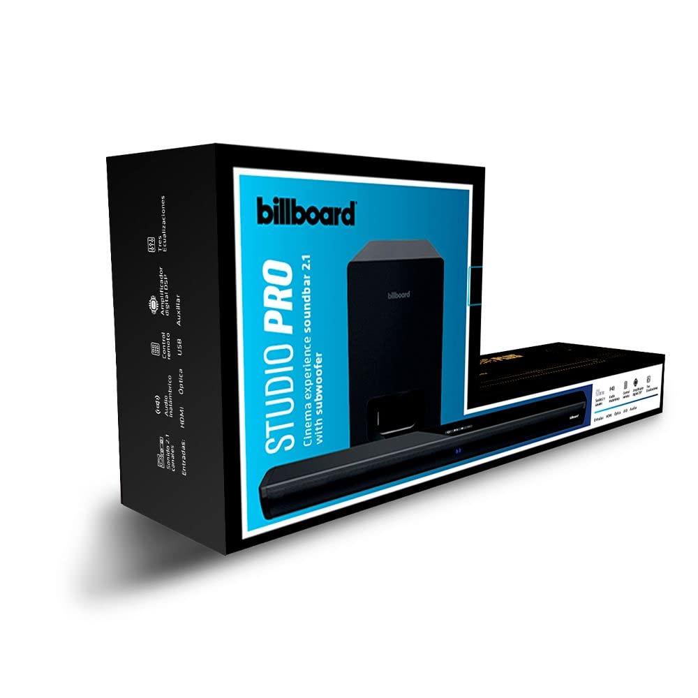 Billboard Barra De Sonido Studio Pro Cinema Expirience con Subwoofer | Conexión Inalámbrica | 3 Ecualizaciones | Conexiones HDMI ARC, Óptica, Entrada USB y Auxiliar 3.5 mm