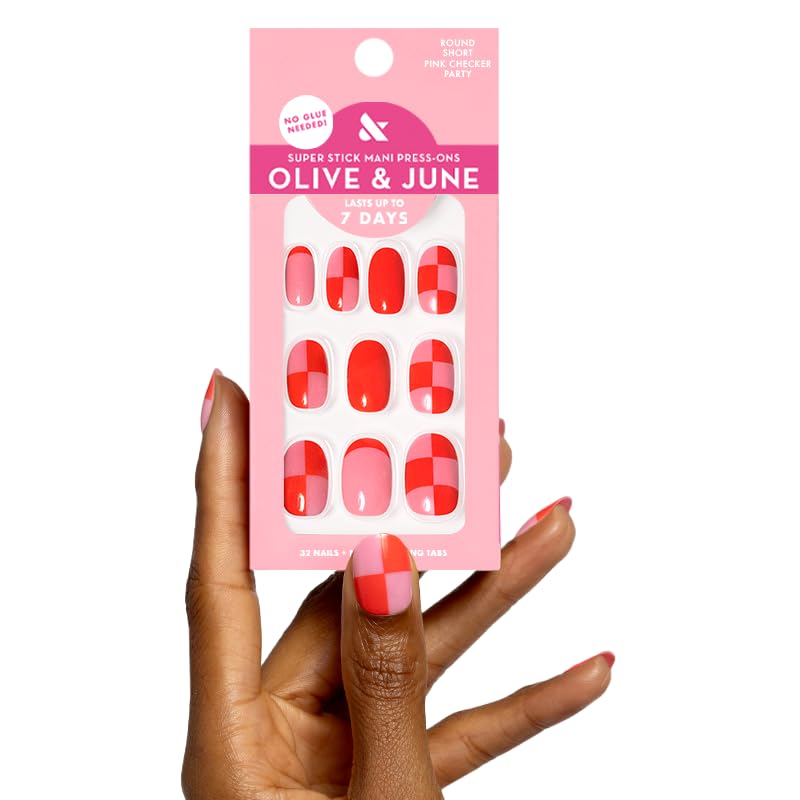 Olive & June Uñas postizas Classic Super Stick Mani | No se necesita pegamento | 32 pestañas, 16 tamaños | Pestañas no tóxicas, fáciles de poner y quitar, aspecto realista que no daña las uñas | Durac