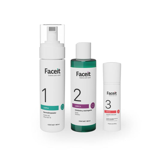 FACEIT Rutina para Combatir Acné de 3 Pasos: Limpia, Unifica y Repara tu Cara | Peróxido de Benzoílo 5% y Ácido Glicólico | Skincare | Acné Leve a Moderado | Sistema Antiacné Completo (Kit)