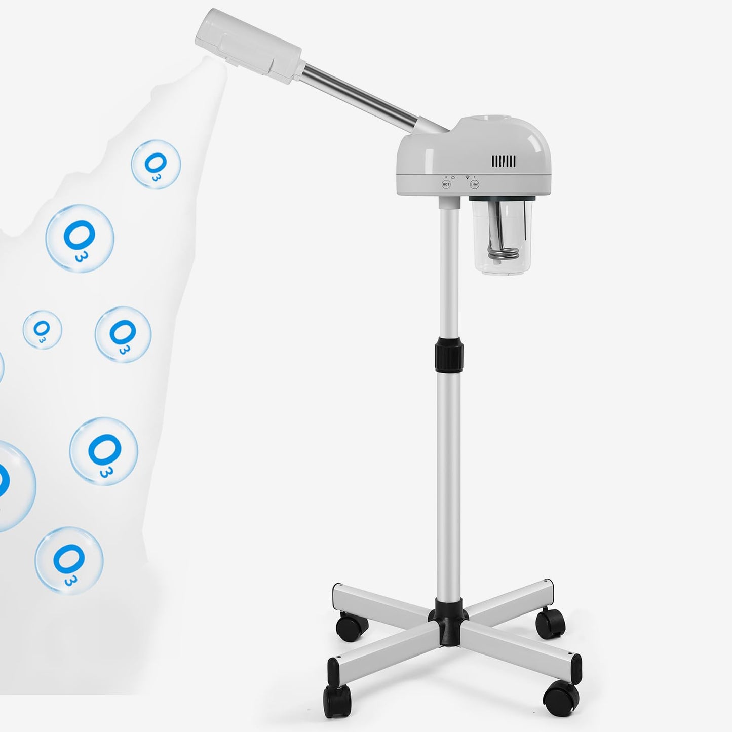 Vaporizador facial de ozono profesional con soporte, control táctil, altura ajustable y base rodante, boquilla giratoria de 360°, función de niebla caliente, uso para el hogar, salón de spa (blanco)