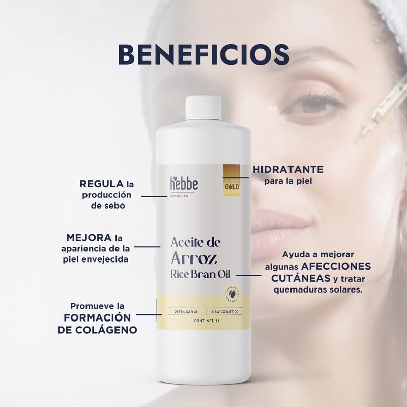HEBBE Aceite De Arroz 1000 ml | Rice Bran Oil 100% Puro | Absorción Rápida No Graso | Antioxidante Vitamina E | Piel y Cabello