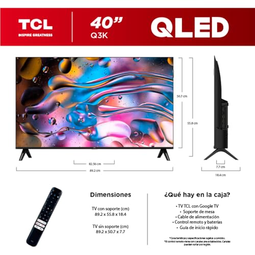 TCL Smart TV Pantalla 40" 40Q3K Android TV FHD QLED Google Cast | Alexa | 2K HDR10| NITS 300 | Panel 60 Hz | Dolby Digital +