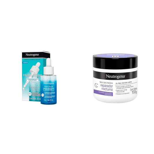 Neutrogena. Serum Hidratante Concentrado facial Hydro Boost Ácido Hialurónico 30 ml + Crema hidratante Facial Reparador Nocturno Face Care Intensive Colageno 100 g