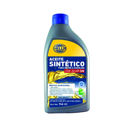 HELLA Aceite 100% Sintético Para Motor A Gasolina 5W30, 358271021,HSO-5W30LT, Botella de 946 ml, API SN, reduce desgaste, mantiene el motor limpio, no modifica viscosidad a altas temperaturas