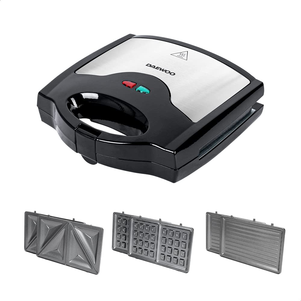DAEWOO Sandwichera 3 en 1 con 3 juegos de placas Intercambiables Antiadherentes para Sandwich, Grill y Waffles
