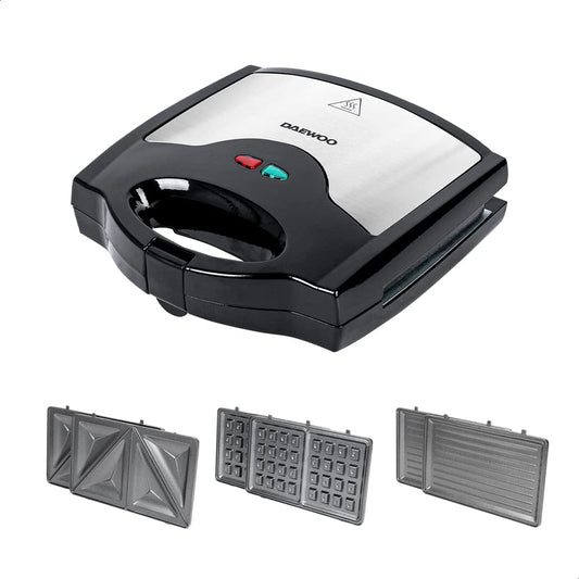 DAEWOO Sandwichera 3 en 1 con 3 juegos de placas Intercambiables Antiadherentes para Sandwich, Grill y Waffles