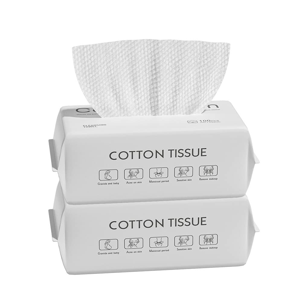 Toallita suave y seca, 100% algodón, toalla facial desechable, sin pelusas, uso húmedo en seco para piel sensible, limpieza facial, eliminación de maquillaje, limpieza de superficies (200 Count (Pack of 2))