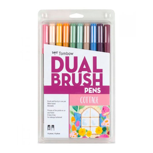 Tombow 56216 - Marcadores artísticos de doble pincel, cabaña, paquete de 10 Rotuladores de punta fina y brocha