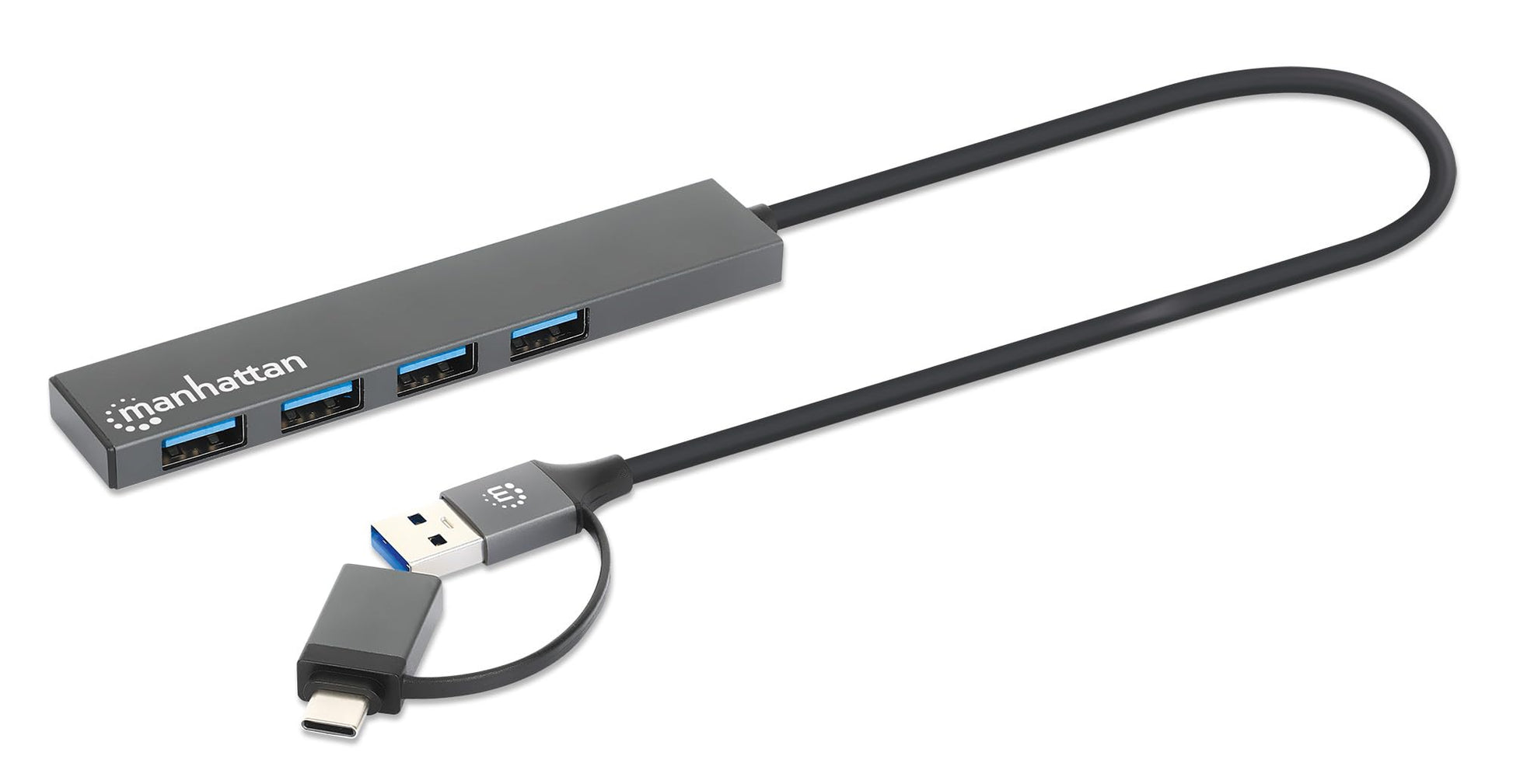 MANHATTAN Hub USB 181006 con 4 Puertos USB 3.2 Gen 1, con Conector Adaptable de USB-A a USB-C, SuperVelocidad de 5 Gbps, Alimentación por Bus, Fabricado en Aluminio, Gris Espacial