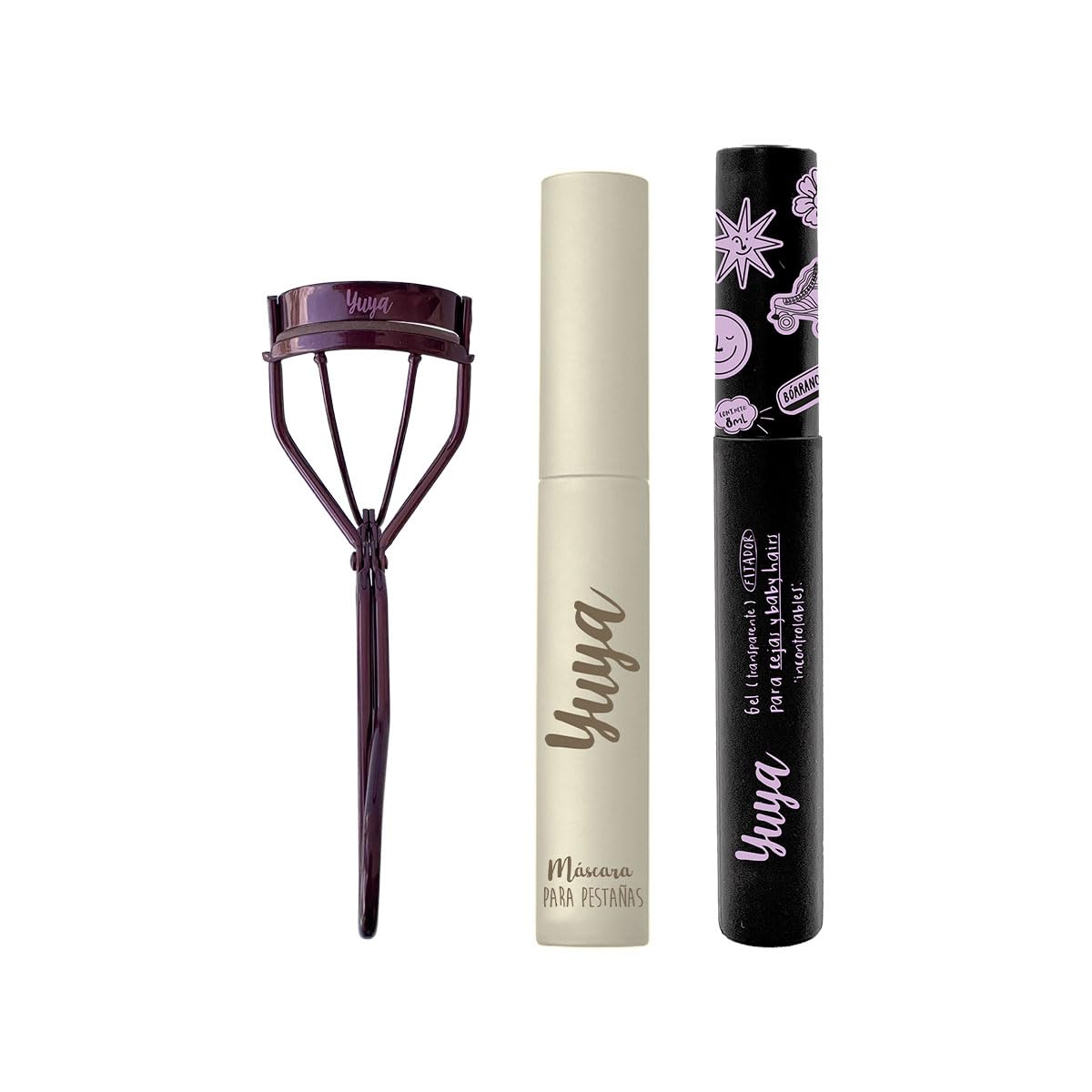 YUYA Tres en Loop Set Enchinador de Pestañas Borgoña + Máscara 10 Aceites Naturales Negra 10 g + Gel Fijador de Cejas 8 ml | Pestañas Largas, Curvatura Natural, Volumen y Definición | Fijación de Cejas y Baby Hairs con Acabado Natural