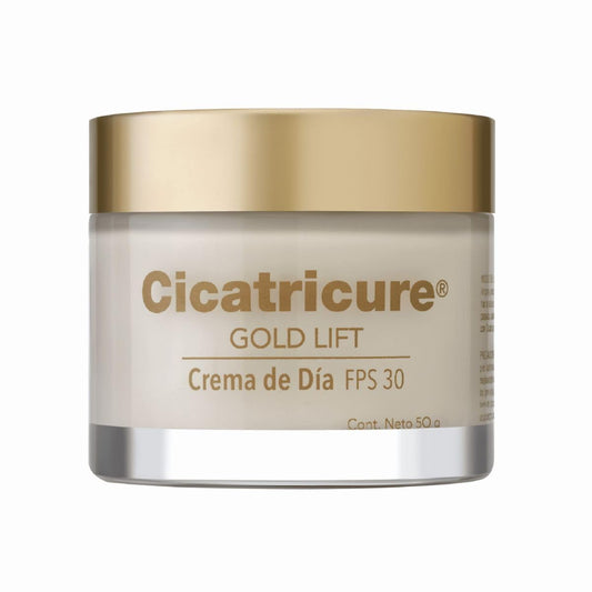 CICATRICURE - GOLD LIFT Crema de Día. Reduce arrugas gravitacionales, mejora la elasticidad y producción de colágeno, con calcio, silicio, FPS 30 y péptidos con oro, tarro con 50g