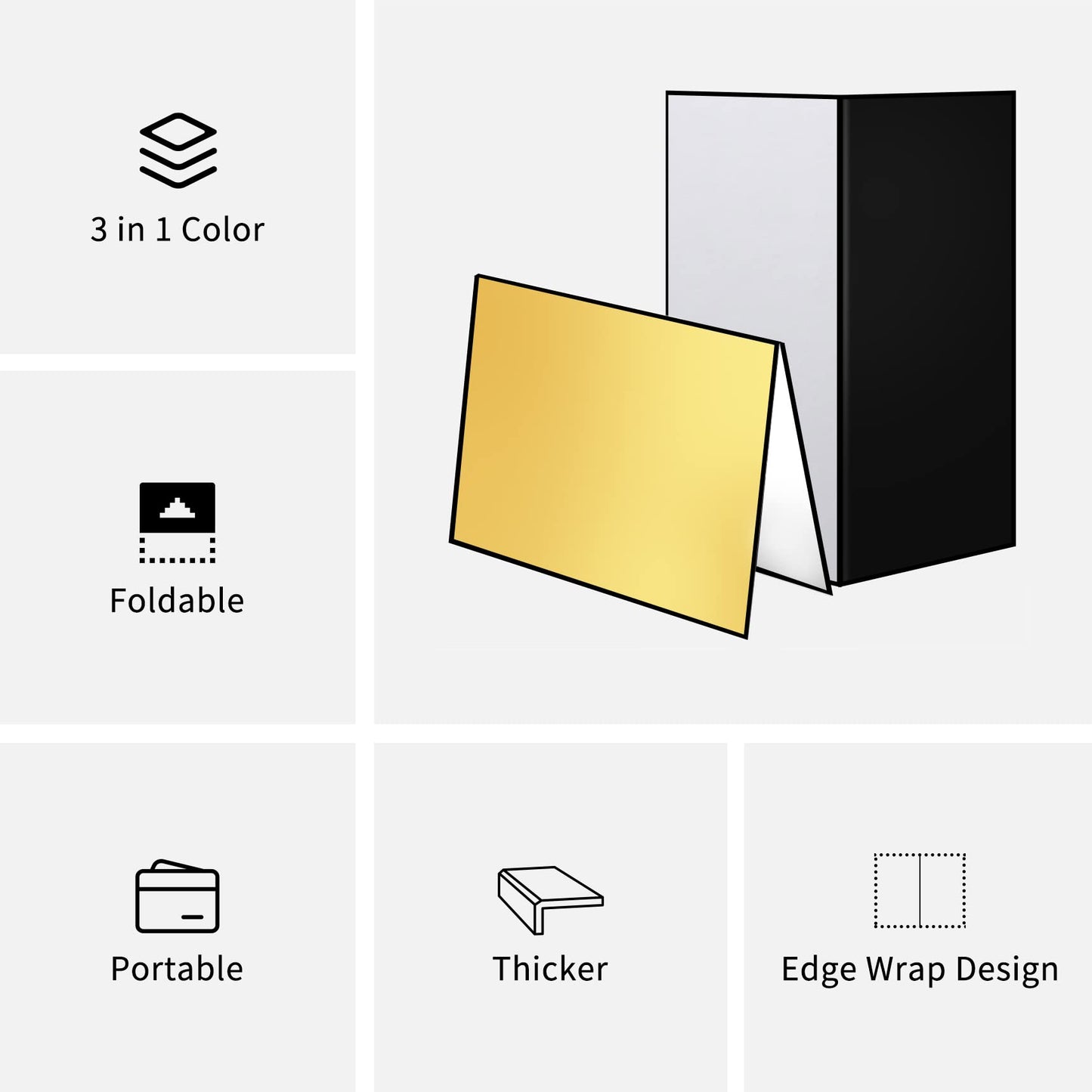 Meking - Reflector de luz 3 en 1 de cartón para fotografía, diseño de estudio de fotografía plegable de 17 x 12 pulgadas, color dorado, plateado y negro, blanco, paquete de 2