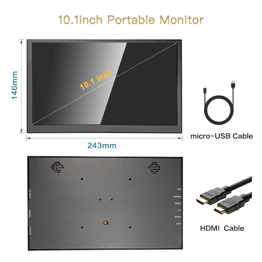 LESOWN - Monitor de visualización táctil de 10 pulgadas, pequeña visualización portátil HDMI de 1024 x 600 IPS, visualización secundaria de 10.1 pulgadas, mini monitores para Windows Mac, portátil y