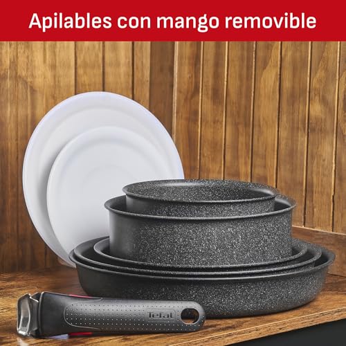 T-fal Ingenio Black Stone Batería de Cocina 8 piezas, Efecto Piedra con Mango Removible, Multifuncional, recubrimiento Mineralia+, Negro, L3999502