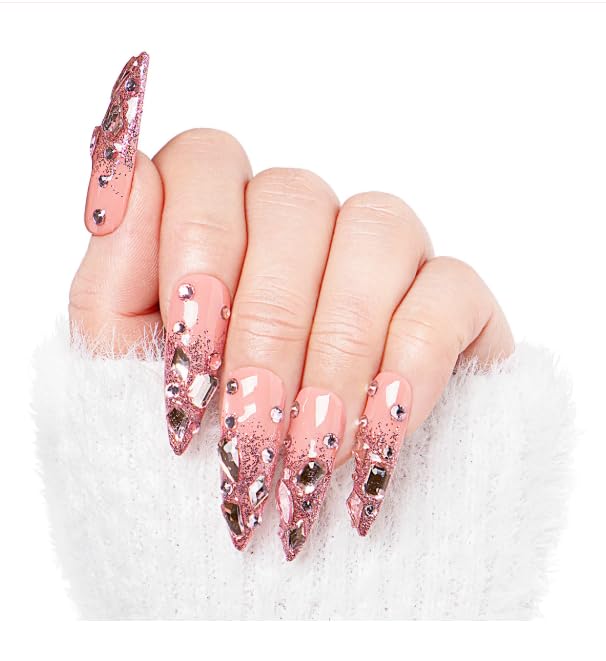 Lovful Uñas postizas LOVFUL | Hechas a mano con cristales que cubren toda la superficie | Uñas postizas reutilizables | Estilo stiletto clásico regular de 3,3 cm | (Brillo rosa, M)