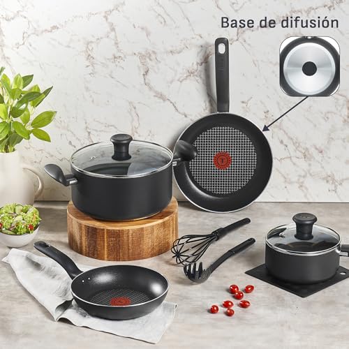 Batería de Cocina T-fal Negro con Antiadherente Easy Glide y Termo Señal