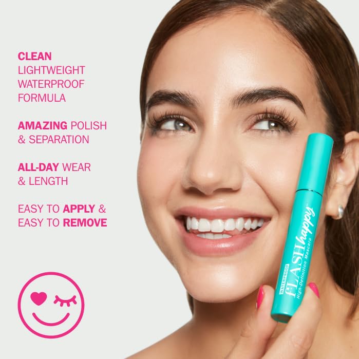 fLASH Happy High-Definition Mascara con cepillo de fibra ultrafino para alargamiento, volumen y rizo - Duración todo el día, fórmula vegana limpia, sin parabenos (True Black)