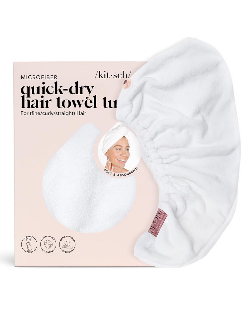 Kitsch Microfiber Hair Towel Wrap for Women- Hair Turban for Drying Wet Hair- Super Absorbent & Ultra Soft (White)