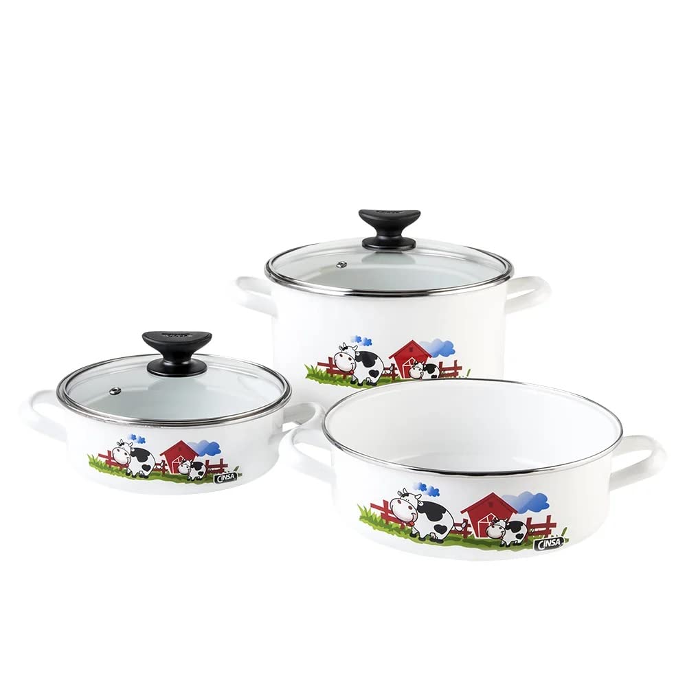 Cinsa Bateria de cocina Terranova Vaquitas en el corral, 9 piezas, Acero Vitrificado Novacero, Blanco con decorado de vacas