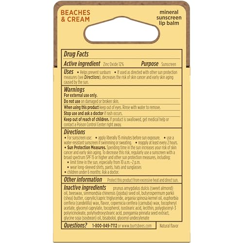 Burt's Bees Beaches and Cream Sun Care SPF 30 Lip Balm, Water-Resistant Lip Moisturizer, Nano-Free Zinc Oxide Formula, Natural Conditioning Lip Treatment, 3 Tubes, 0.15 oz