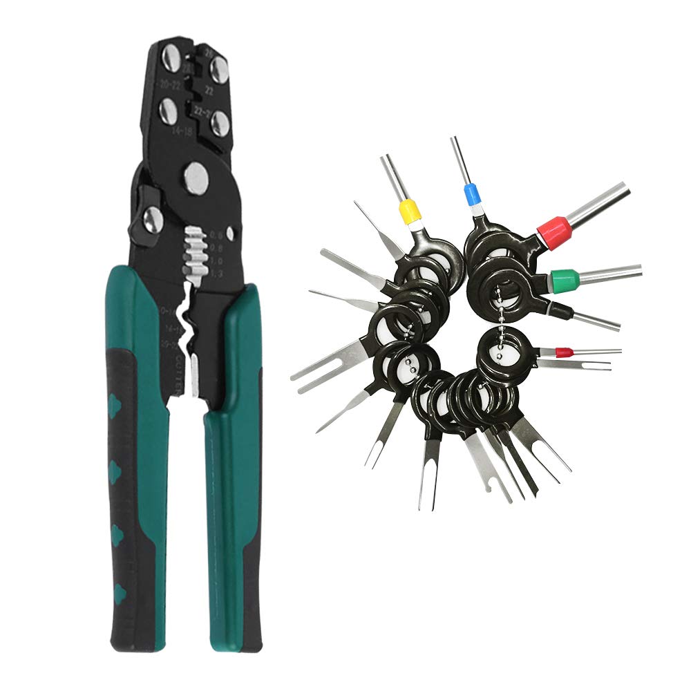 Herramientas de extracción de terminales de pines de 18 piezas con crimpadora de terminal de barril abierto, extracción de terminales automáticas findTop y crimpadora de terminales de 24-14 AWG para pin de terminal de conector de cable automático para aut