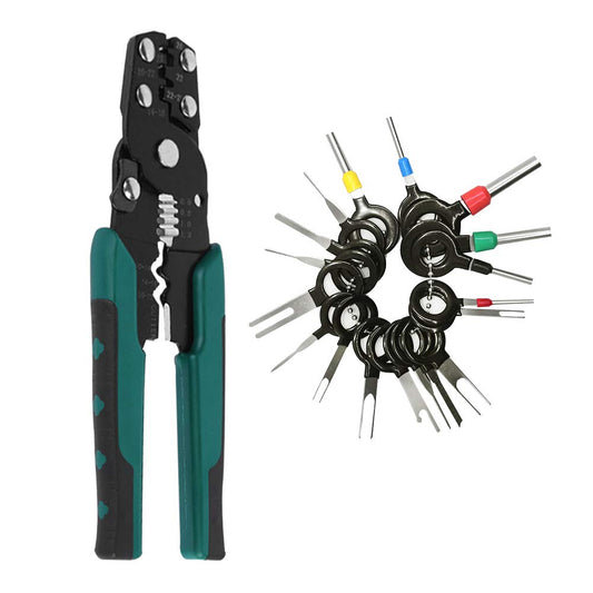 Herramientas de extracción de terminales de pines de 18 piezas con crimpadora de terminal de barril abierto, extracción de terminales automáticas findTop y crimpadora de terminales de 24-14 AWG para pin de terminal de conector de cable automático para aut