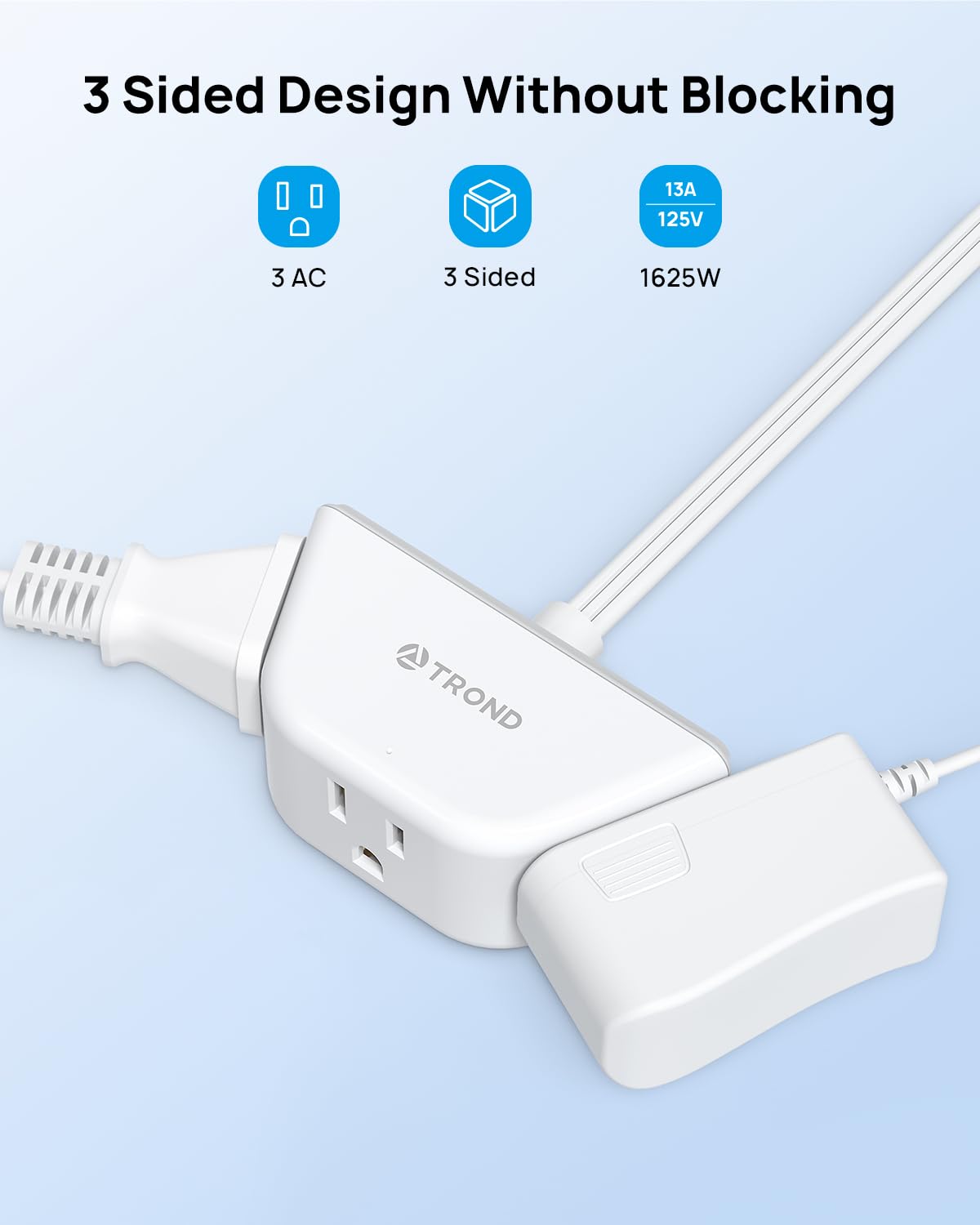 TROND Cable de extensión Plano hacia la Izquierda de 10 pies | Tira de alimentación de Enchufe Plano | 3 Clavijas conectadas a Tierra 3 tomacorrientes | 1625 W | Cable de alimentación Largo de
