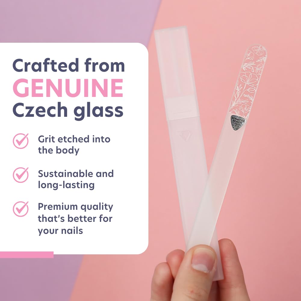 BONA FIDE BEAUTY Lima de Uñas de Cristal Checo para Uñas Naturales (Diseño Floral), Incluye Caja de Regalo Y Estuche Rígido de Viaje.