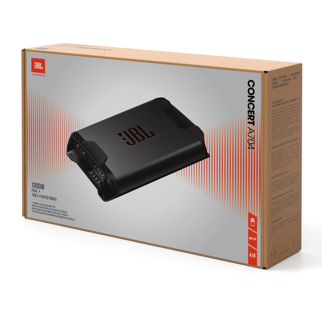 JBL Concert A704 - Amplificador de 4 canales para coche (clase AB, 4 x 70 W RMS, punta de 1000 W, para 4 altavoces de coche, 2 más 1 subwoofer, o 2 altavoces)