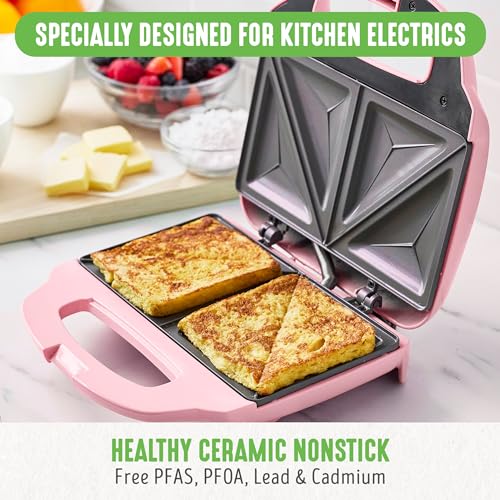 GreenLife Pro - Parrilla eléctrica Panini Press y sandwichera, placas antiadherentes de cerámica saludables, luz indicadora fácil, sin PFAS, rosa